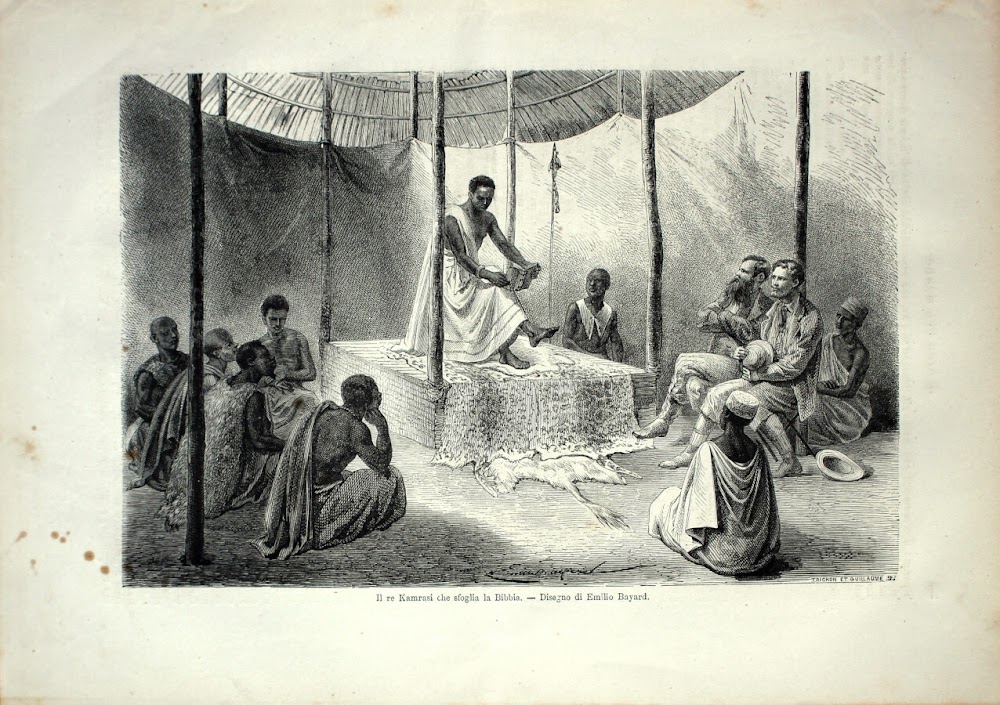 Il re Kamrasi che sfoglia la Bibbia (sped. Speke). Stampa …