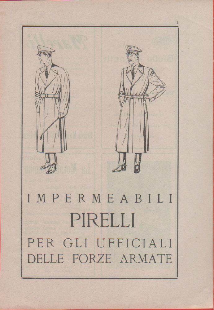 Impermeabili Pirelli per gli ufficiali della Forze Armate. Pubblicità 1940
