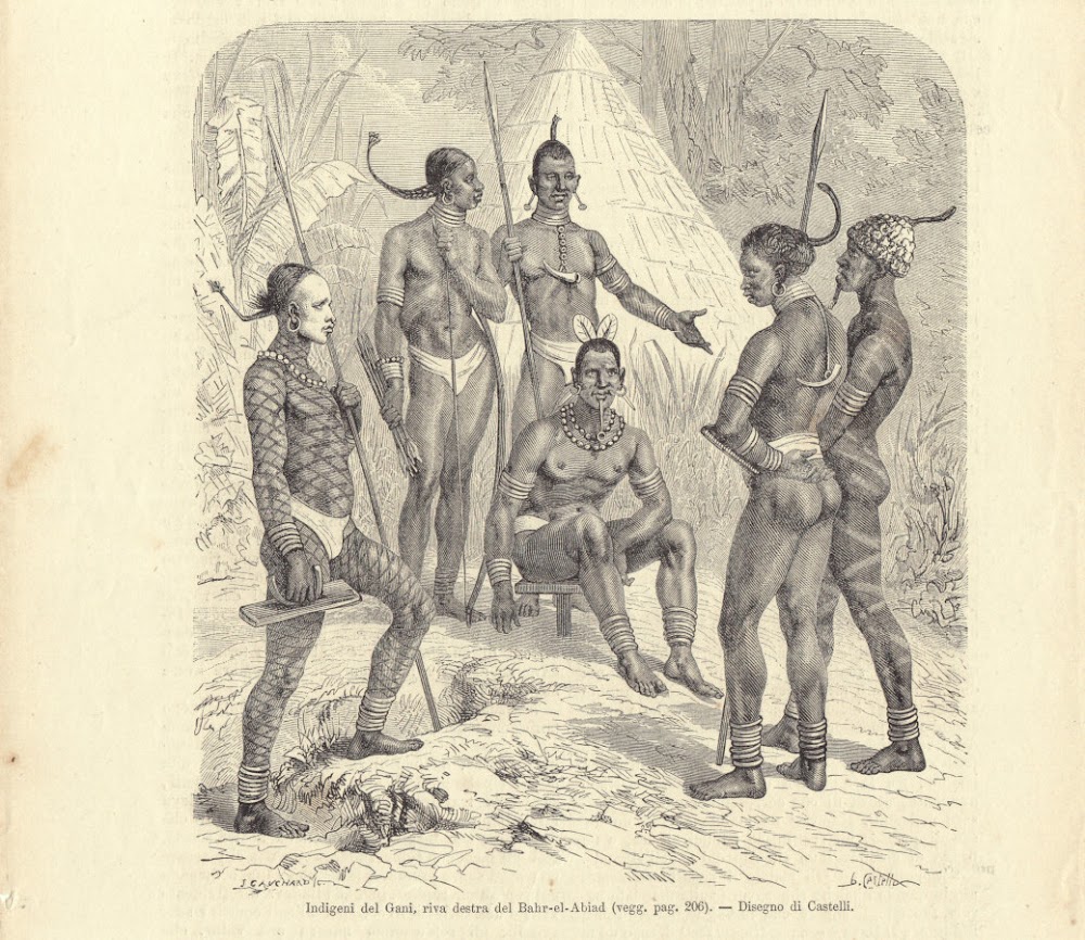Indigeni del Gani, riva destra del Bahr-el-Abiad (Nilo Bianco). Illustrazione …