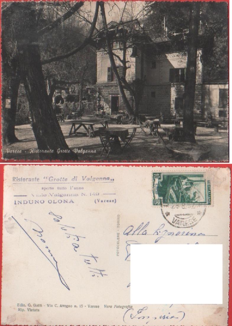 Induno Olona (VA). Ristorante Grotte di Valganna. Viaggiata 1952. Timbro …
