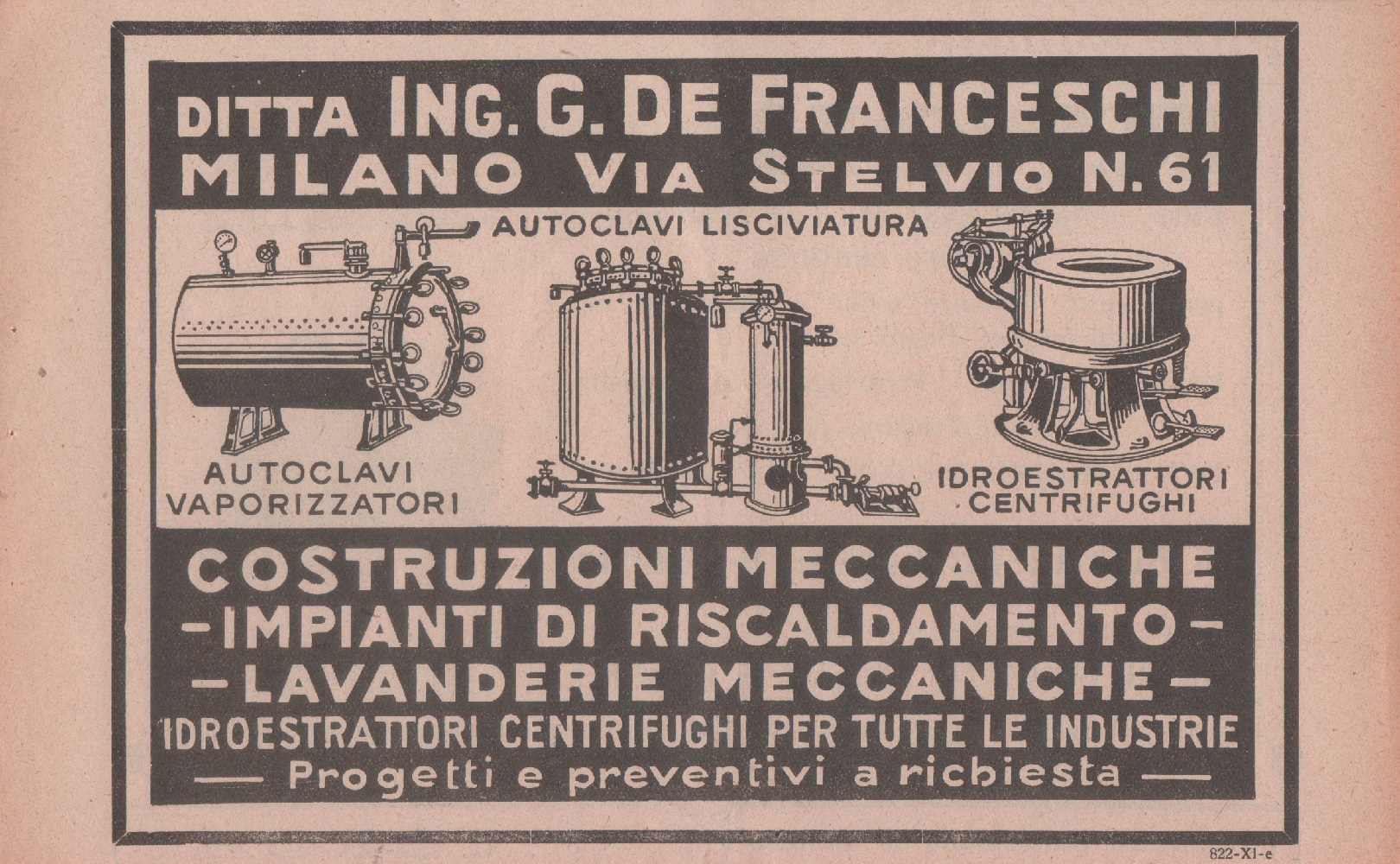 Ing. G. De Franceschi. Costruzioni meccaniche. Milano. Advertising 1926