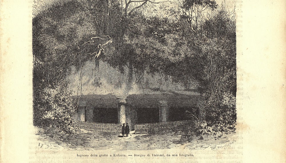 Ingresso delle grotte a Elefanta (Malabar). Stampa 1863.
