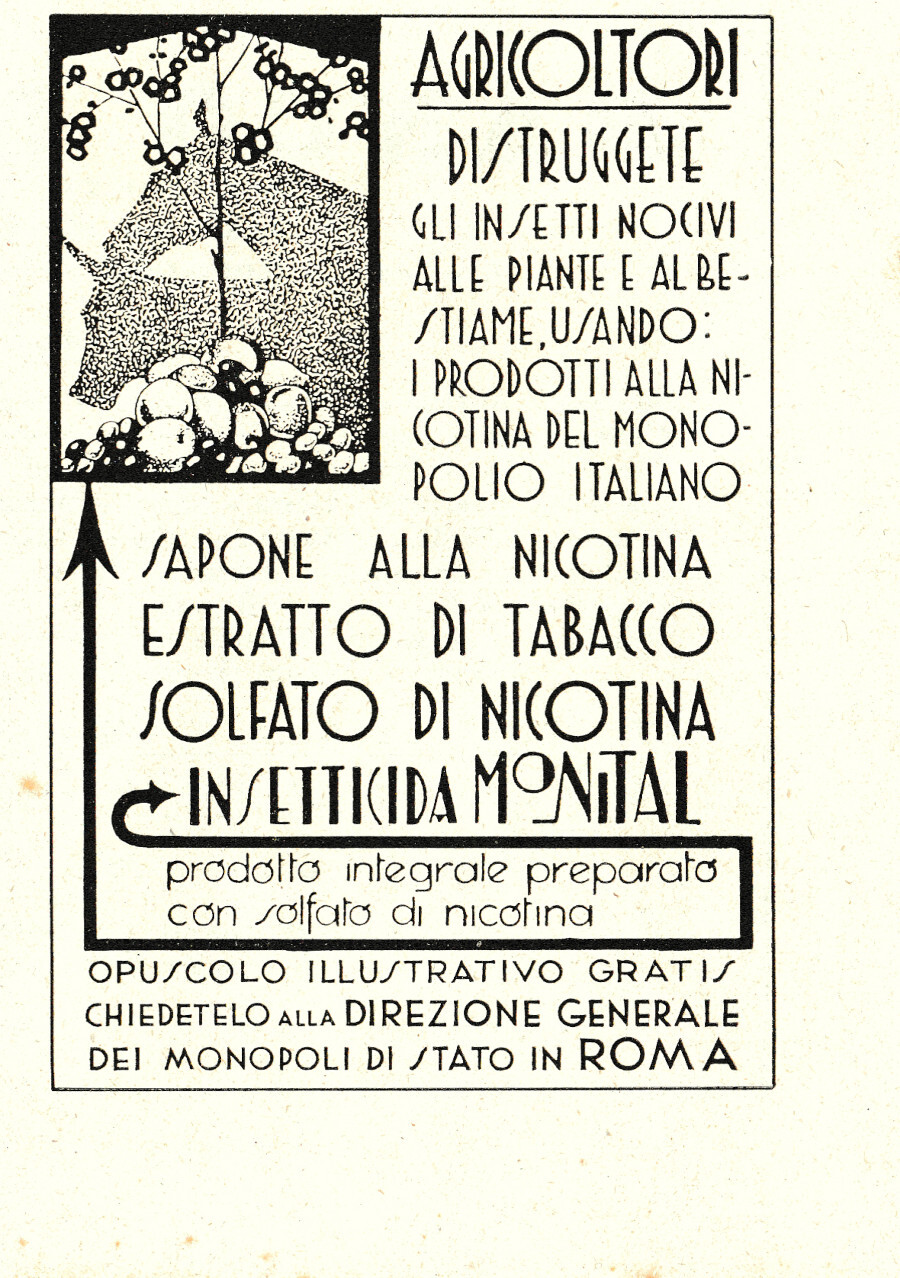 Insetticidi alla nicotina del Monopolio Italiano. Advertising 1936