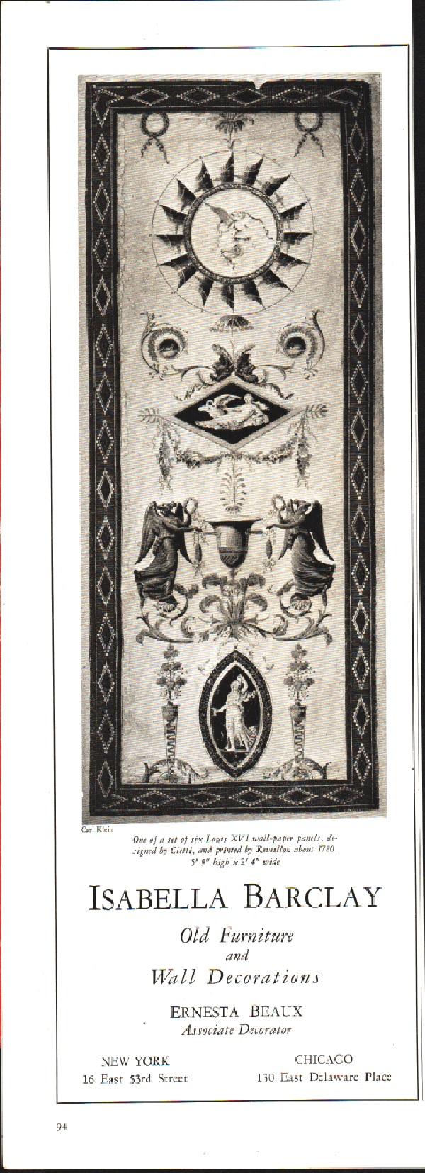 Isabella Barclay. Old Furniture and Wall Decorations. New York/Chicago. Pubblicità …
