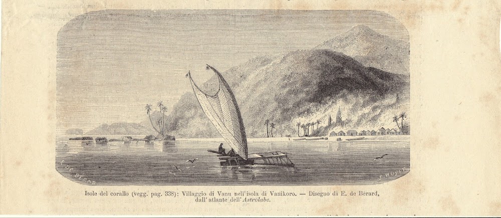 Isole del corallo. Villaggio di Vanu nell'isola di Vanikoro. Illustrazione …