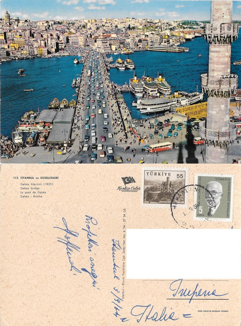 Istanbul. Ponte di Galata. Viaggiata 1964. Auto, navi, bus