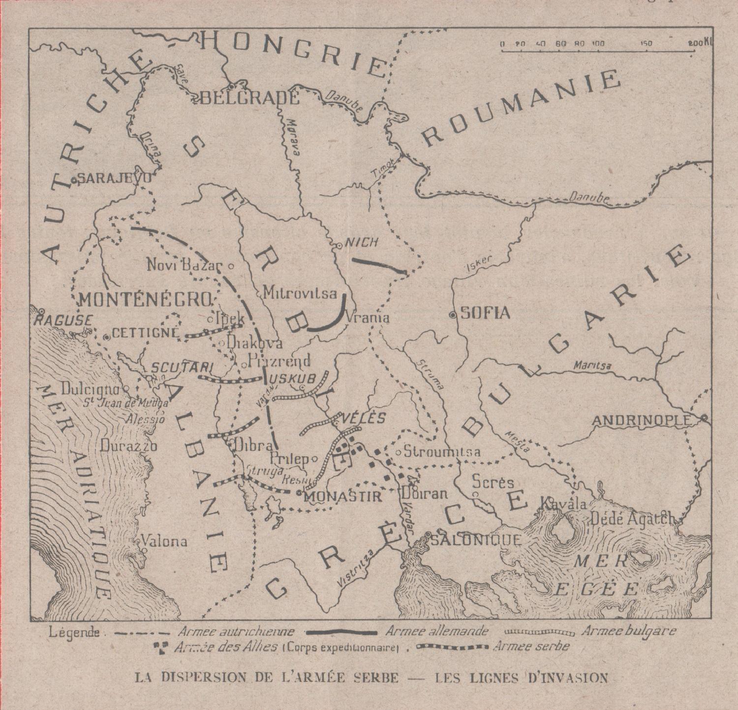 IWW. Dispersion de l'Armee Serbe Les lignes d'invasion. 1915