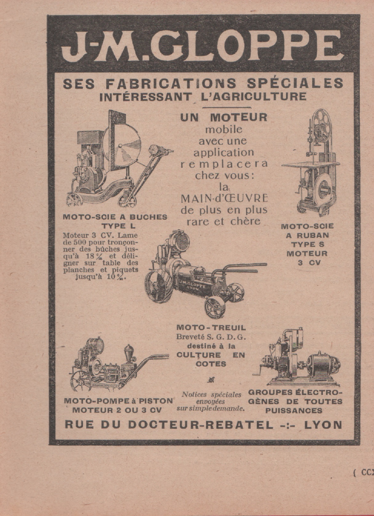 J-M Gloppe. Fabrications speciales pour l'agriculture. Advertising 1928