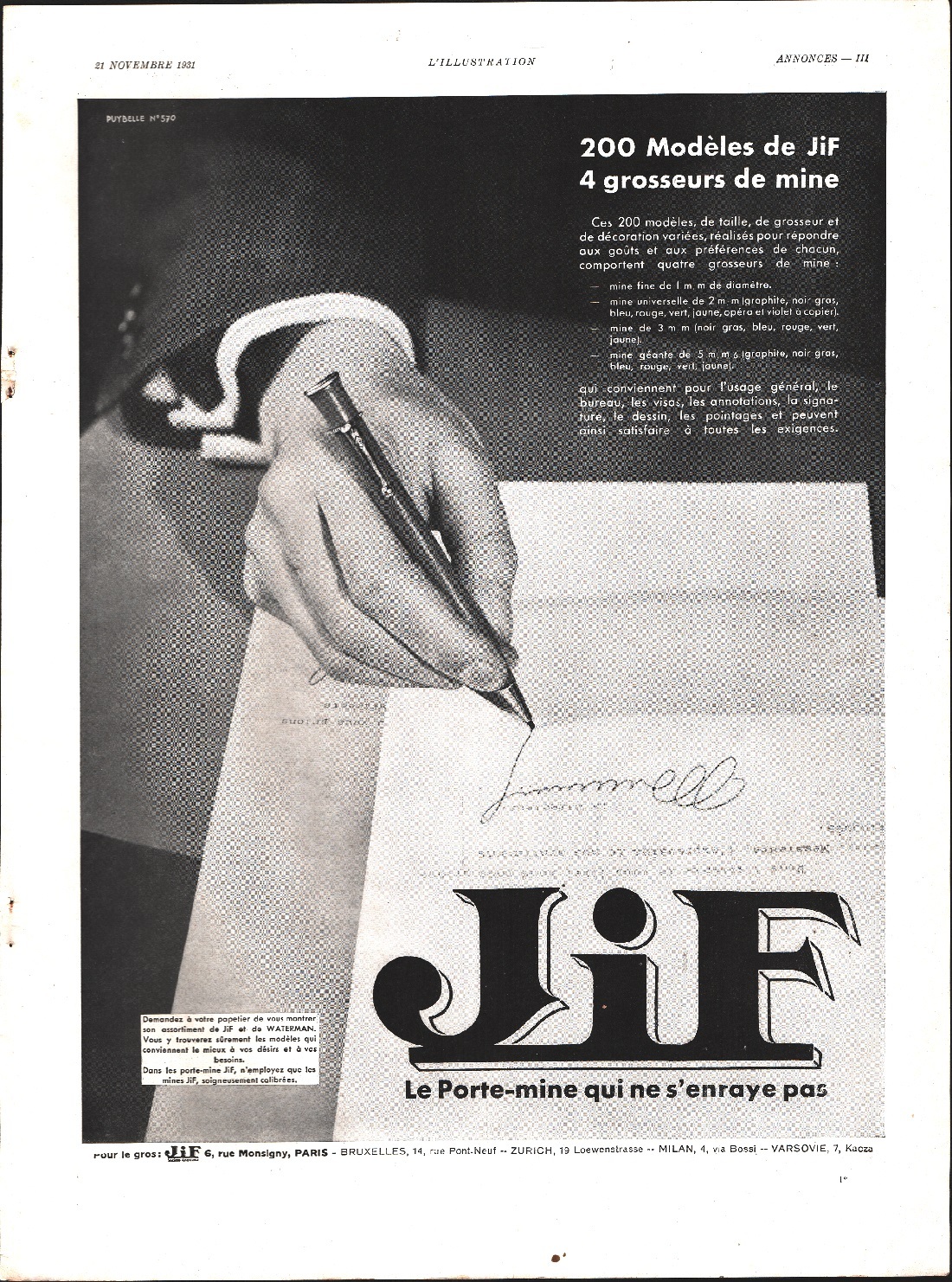 Jif le porte-mine qui ne s'enraye pas. Advertising 1932