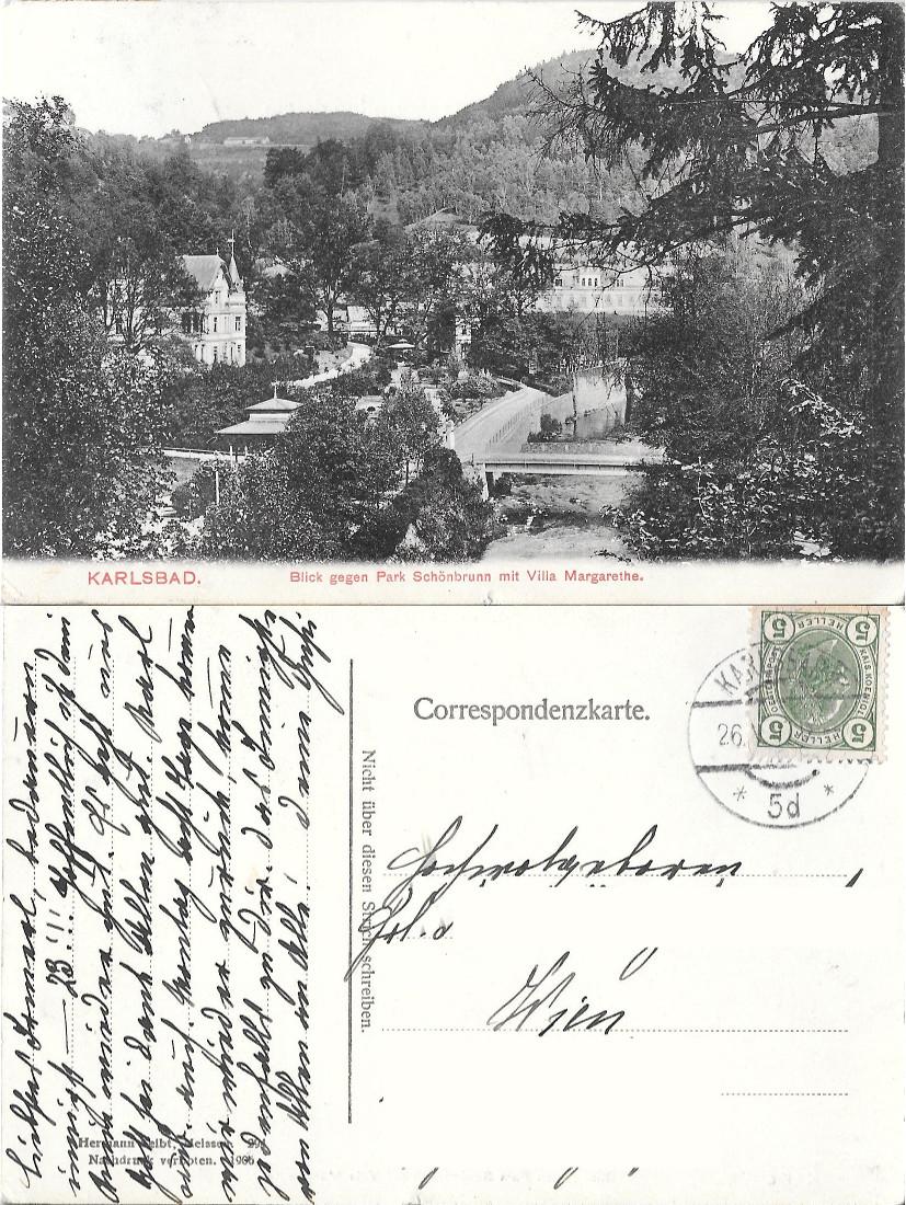 Karlsbad, Blick gegen Park Schönbrunn mit Villa Margarethe. Viaggiata