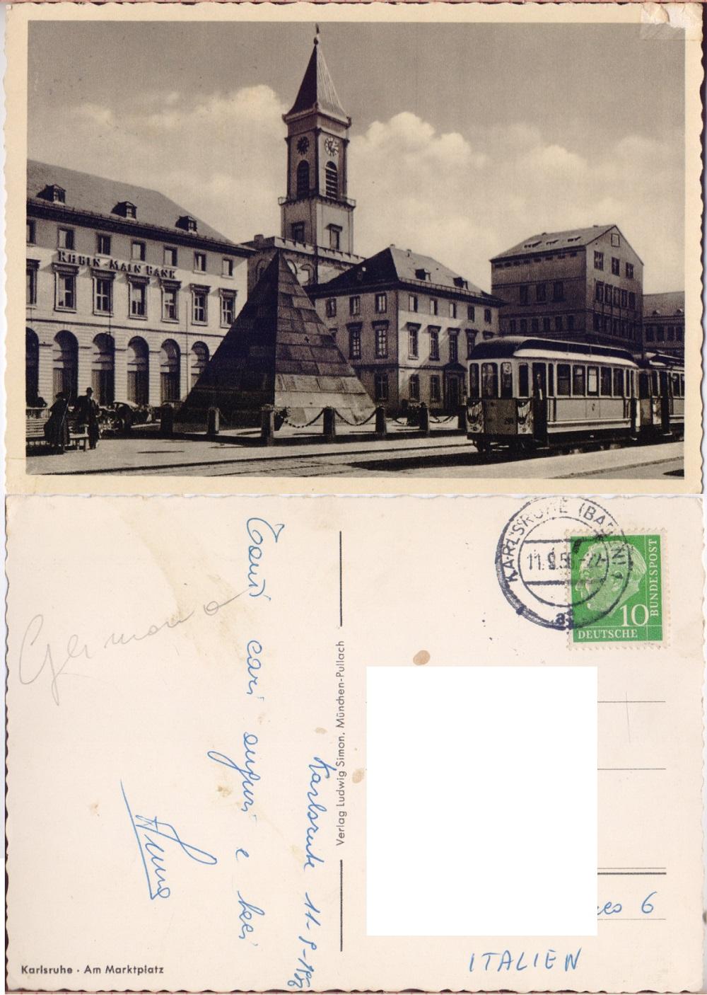 Karlsruhe. Am Marktplatz. Viaggiata 1956