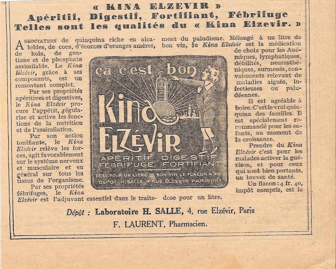 Kina Elzevir. Laboratoire H. Salle, Paris. Pubblicita 1930