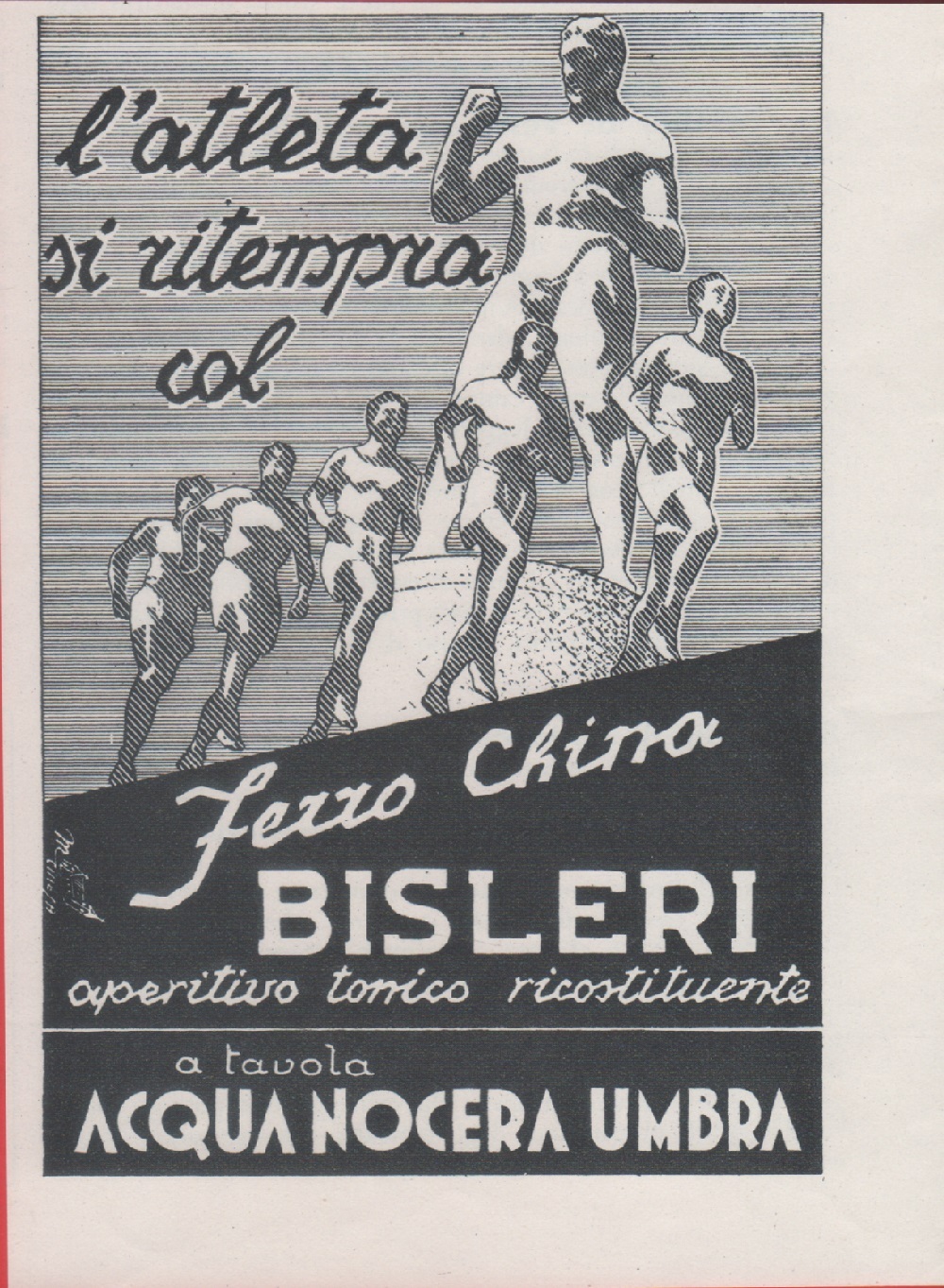 L'atleta si ritempra col ferro china Bisleri. Advertising 1935