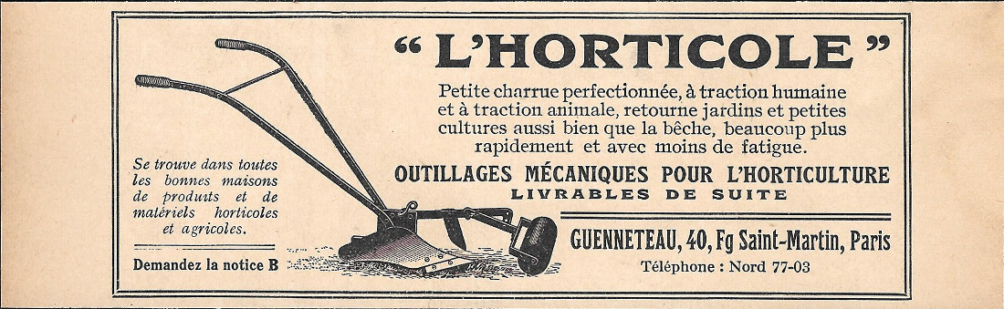 L'horticole, Paris. Outillages mecaniques pour l'horticulture - Advertising 1920