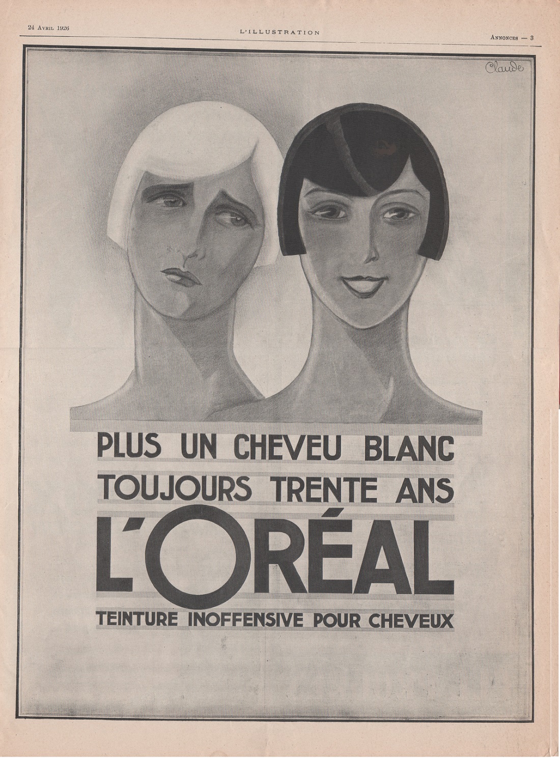 L'Oreal teinture inoffensive pour cheveux. Advertising 1926