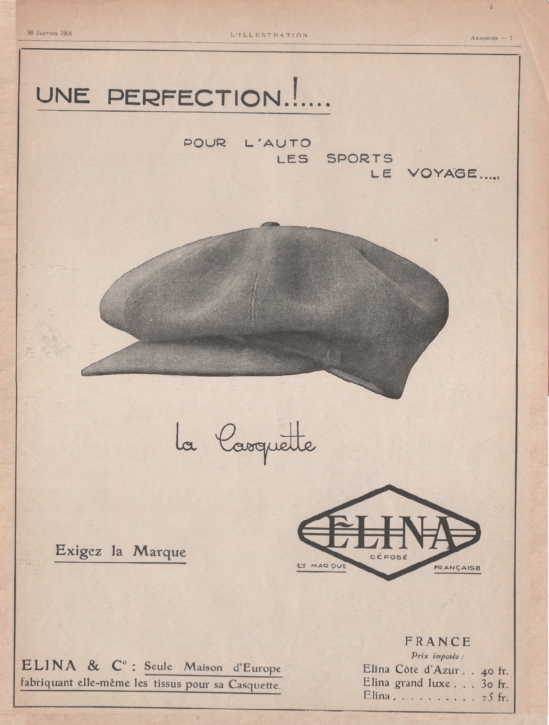 La casquette Elina. Advertising 1926