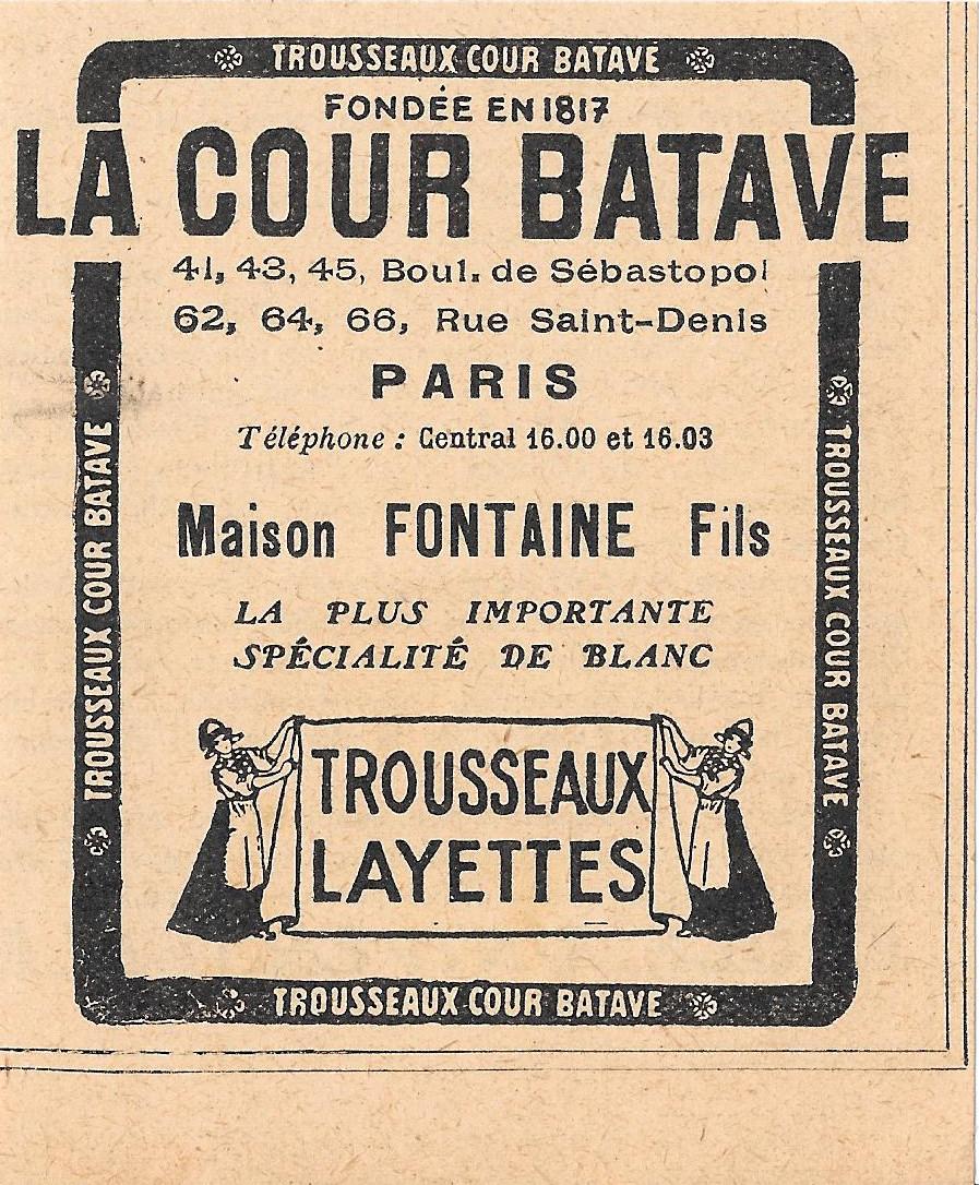 La cour Batave. Maison Fontaine. Pubblicita 1923