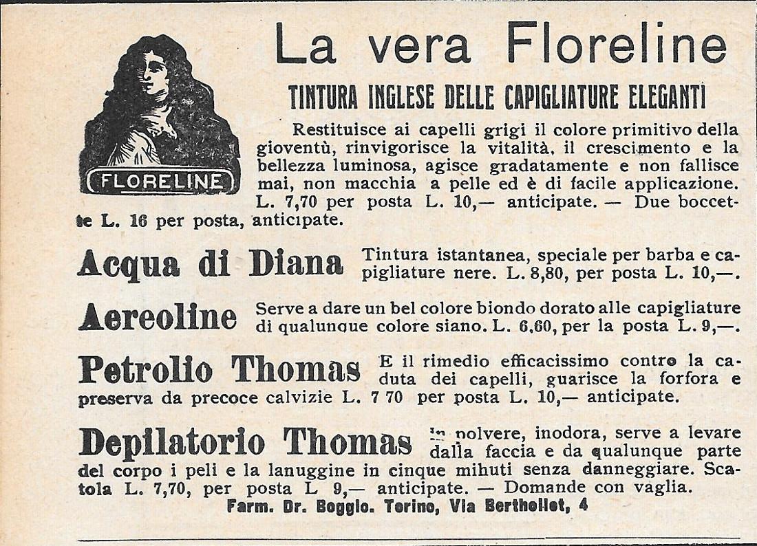 La Vera Floreline, tintura ingelse delle capigliature eleganti. Advertising 1923