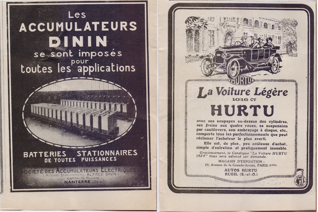 La voiture legere 10/16 CV Hurtu/Accumulateurs Dinin. Advertising 1924