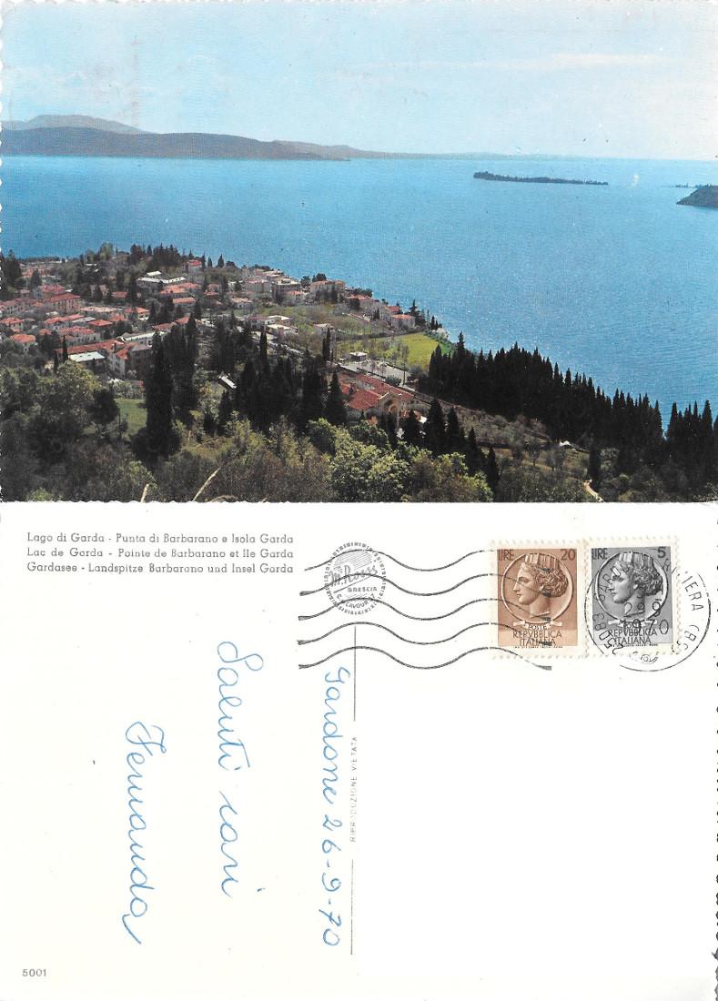 Lago di Garda. Punta Barbarano e Isola Granda. Viaggiata 1970