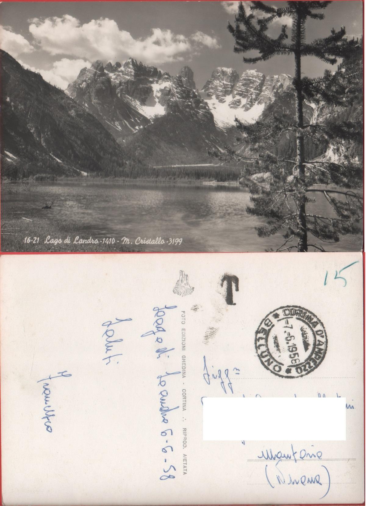 Lago di Landro. Monte Cristallo. Viaggiata 1958