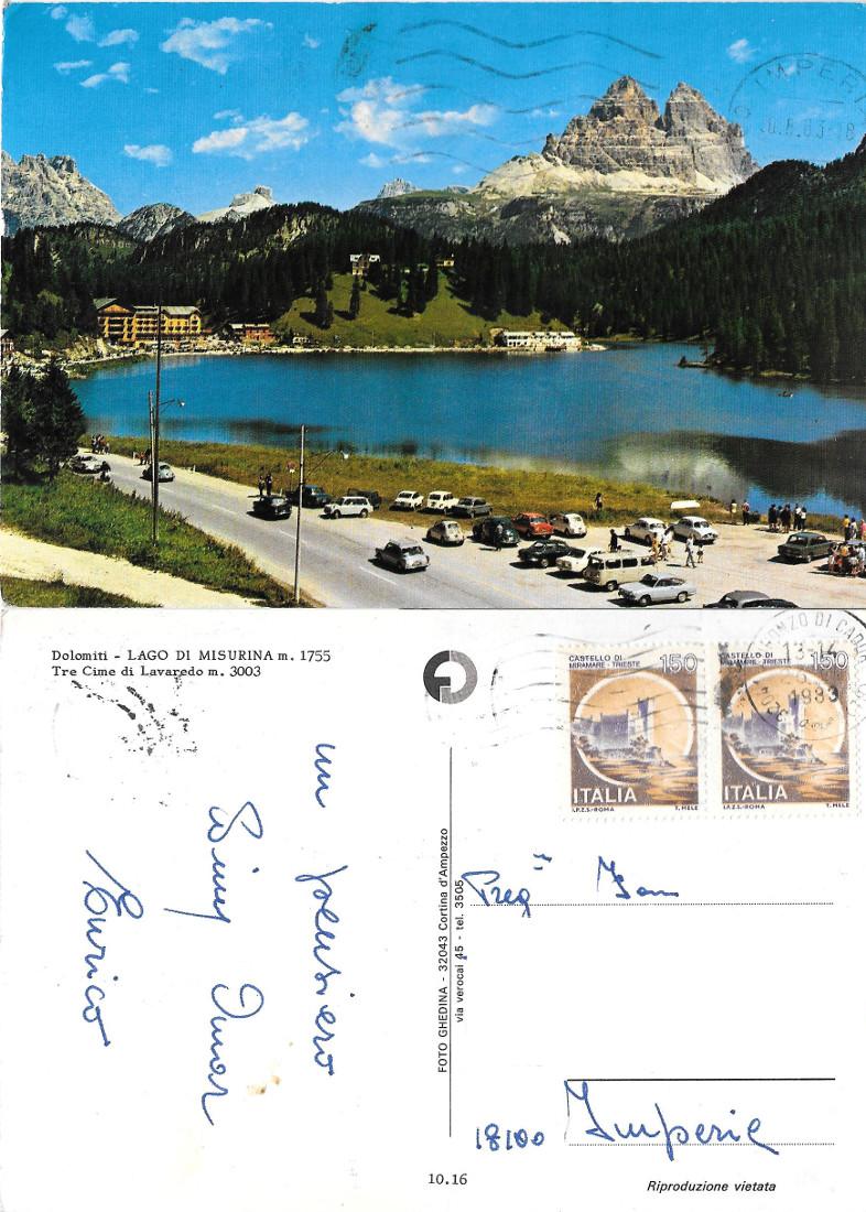 Lago di Misurina. Tre cime di Lavaredo. Viaggiata 1983