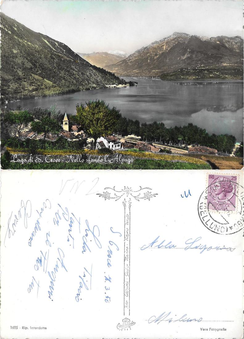 Lago di S. Croce. Nello sfondo l'Alpago. Viaggiata 1956