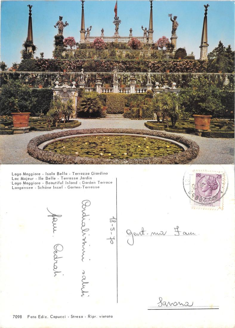 Lago Maggiore. Isola Bella. Terrazza Giordino. Viaggiata 1970