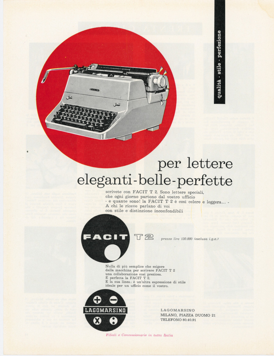 Lagomarsino. Macchina da scrivere T2. Advertising 1962