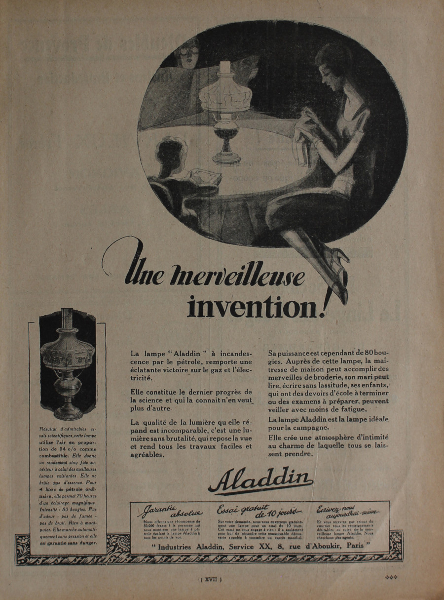 Lampe Aladdin, une merveilleuse invention!. Advertising 1926
