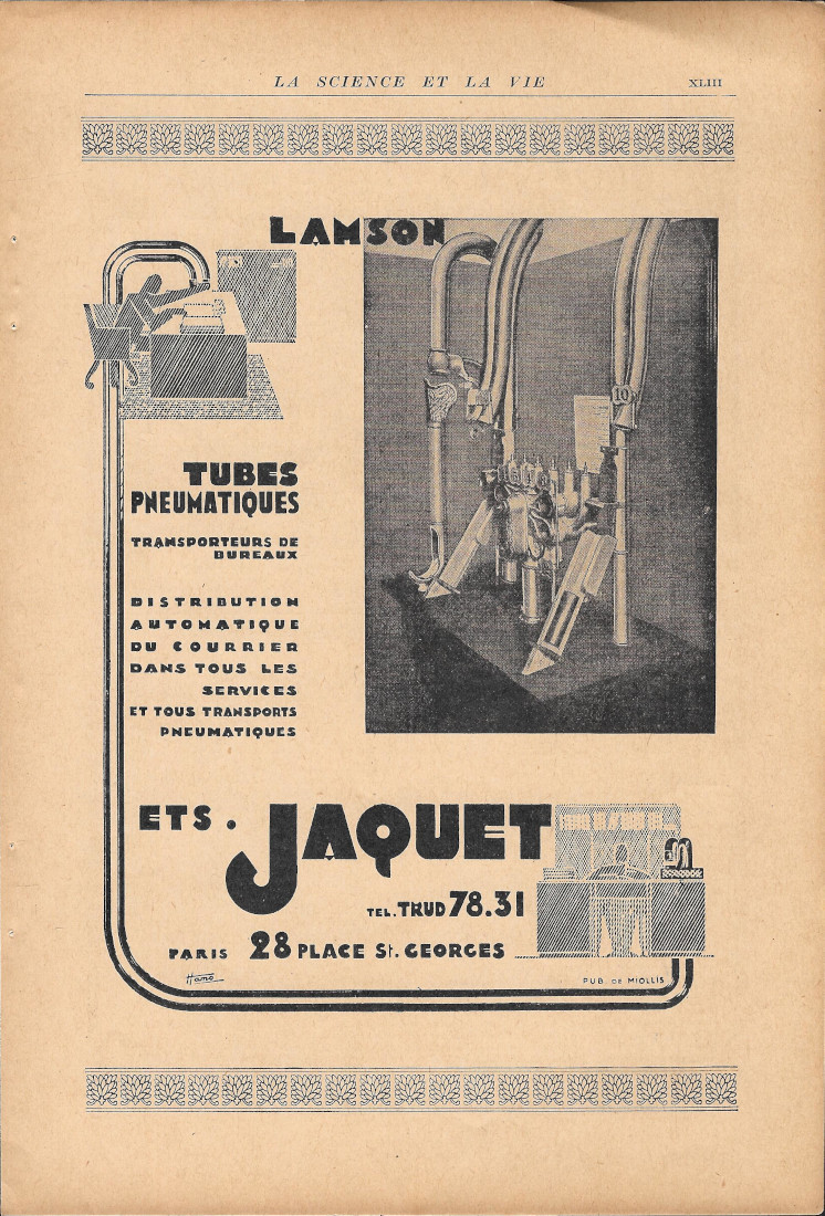 Lamson tubes pneumatiques, ets. Jaquet - Advertising 1929