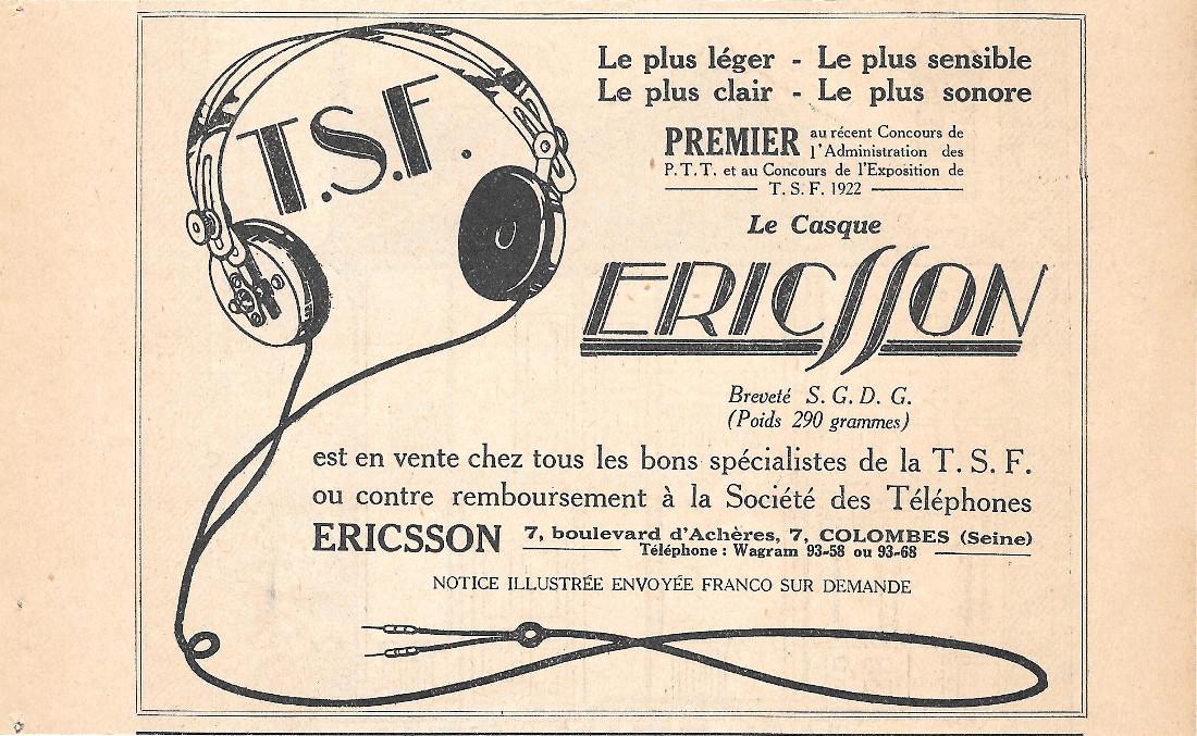 Le casque Ericsson. Pubblicita 1923