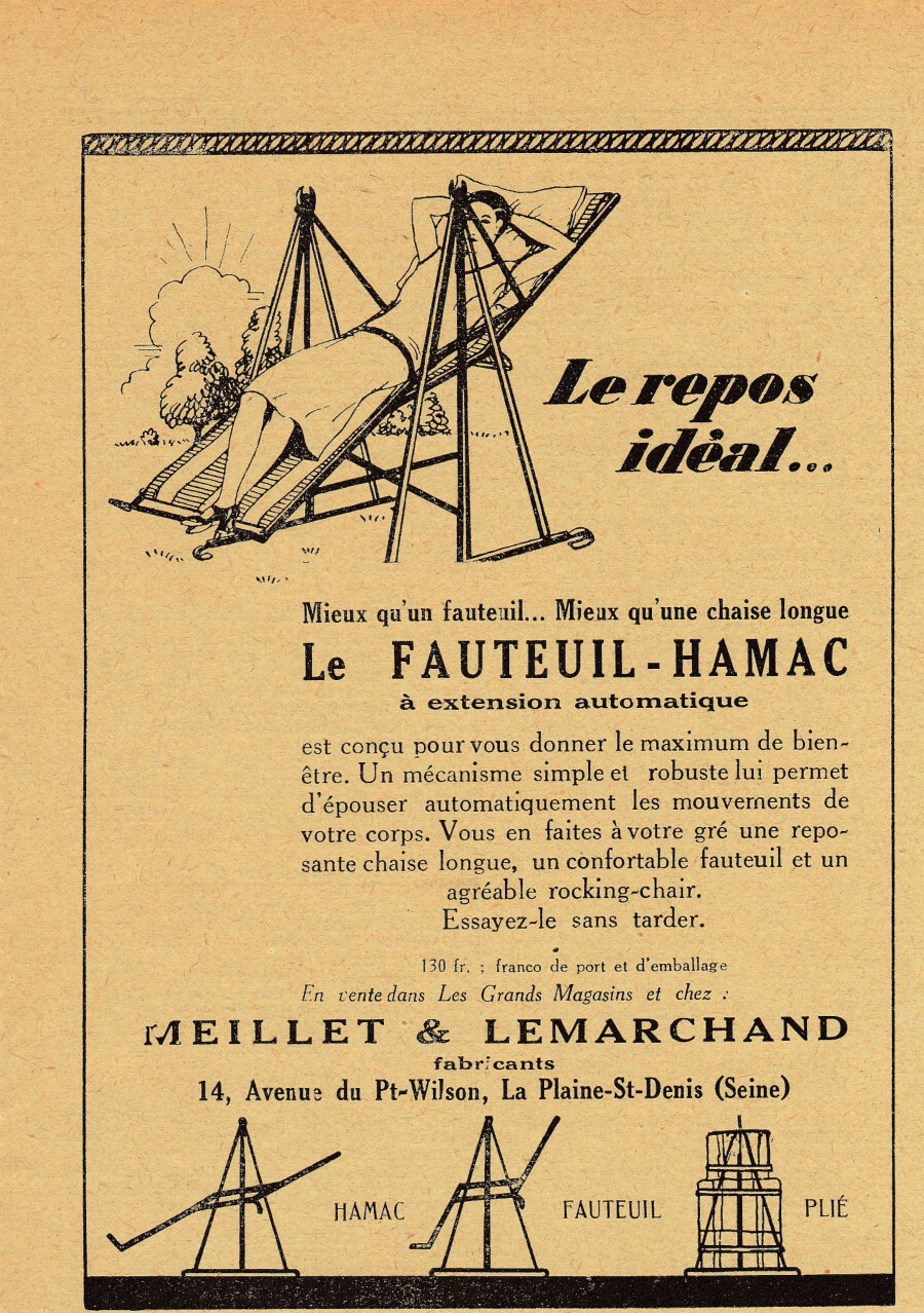 Le fauteul-Hamac Meillet&amp; Lemarchand. Advertising 1927