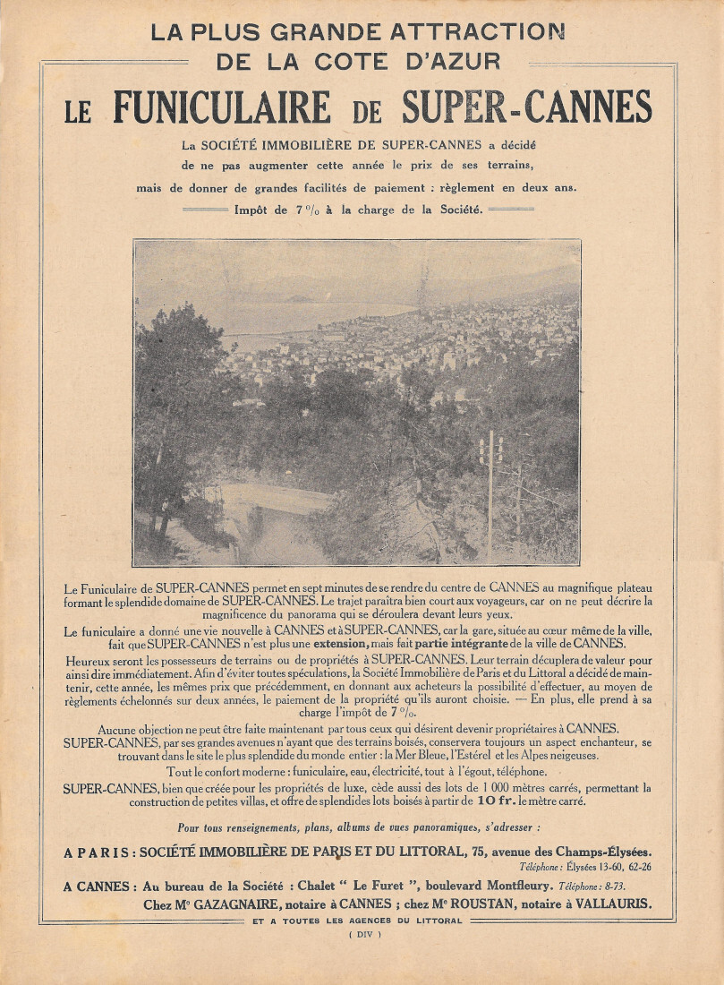 Le Funiculaire de Super-Cannes - Advertising 1924