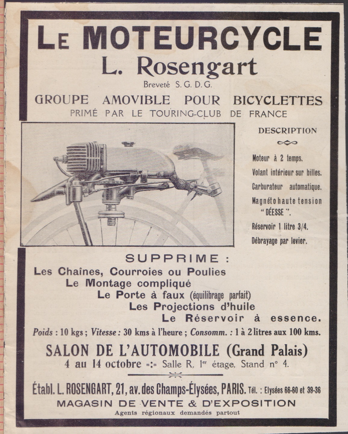 Le moteurcycle L. Rosengart. Advertising 1923