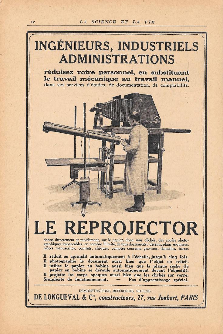 Le reprojector. De Longueval &amp; Cie. constructeurs/Mobiloil. Pubblicita 1926