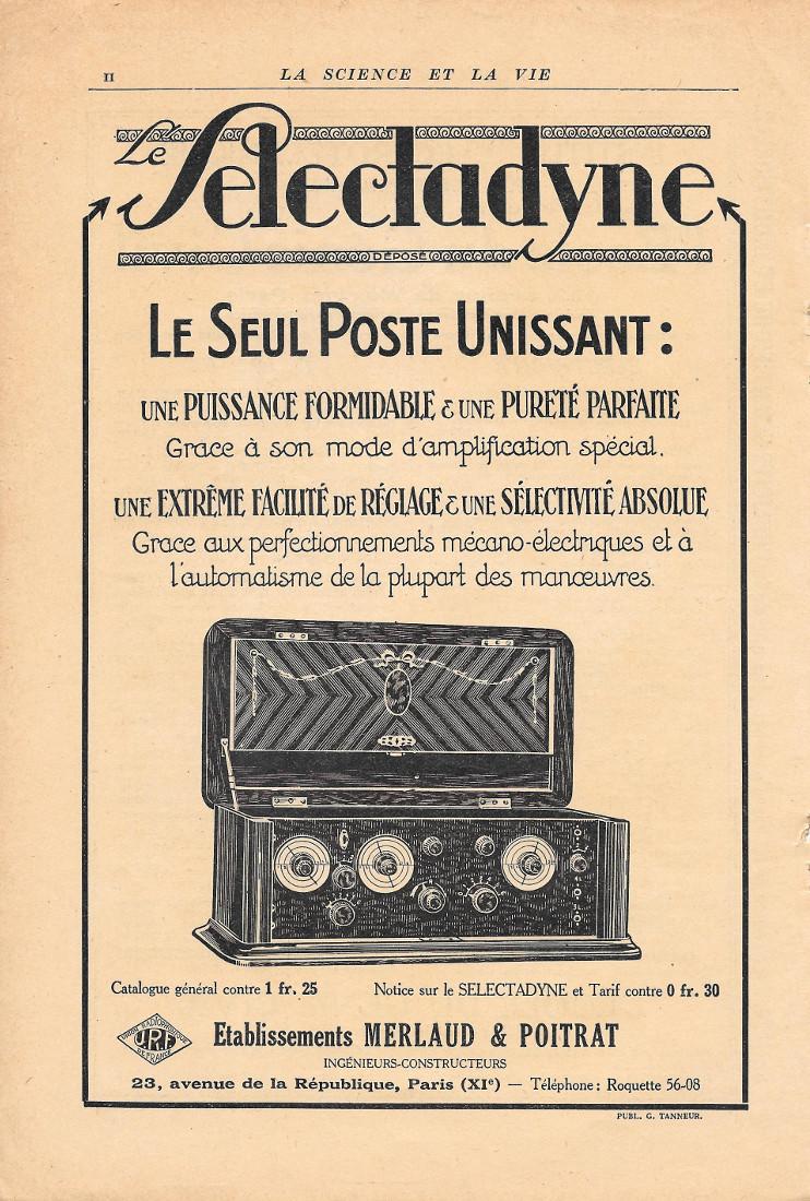 Le Selectadyne, Etabl. Merlaud &amp; Poitrat, Paris. Pubblicita 1926