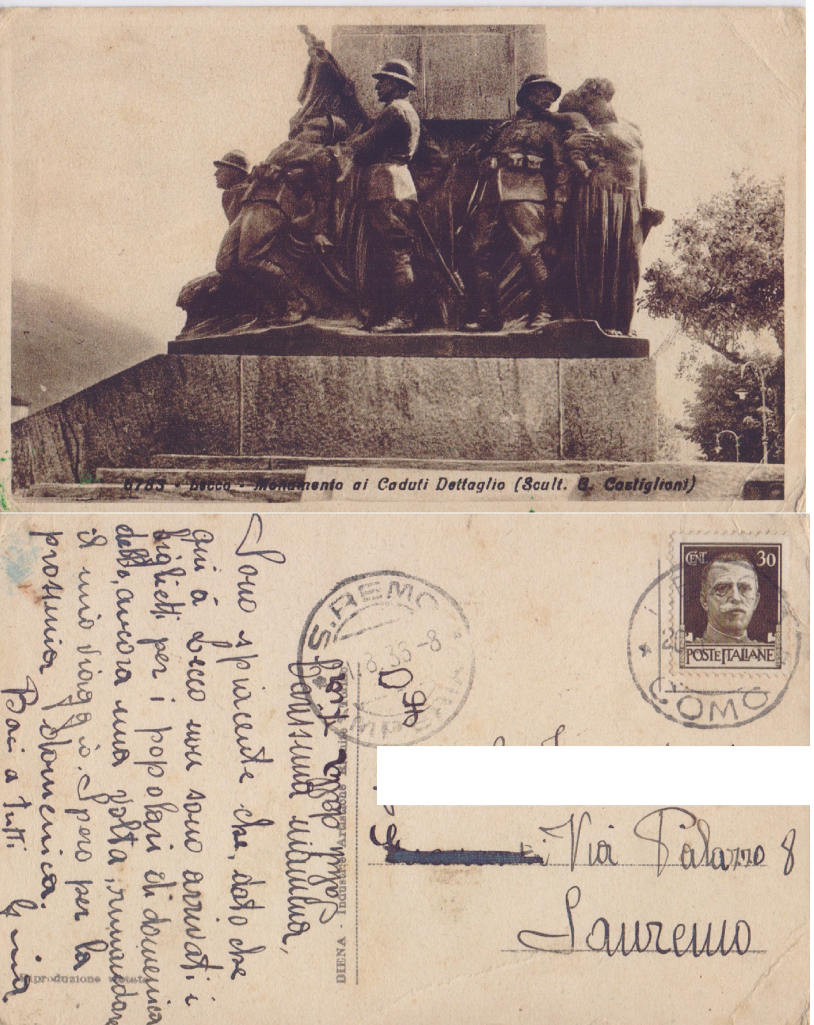 Lecco. Monumento ai caduti. Dettaglio. Viaggiata 1935