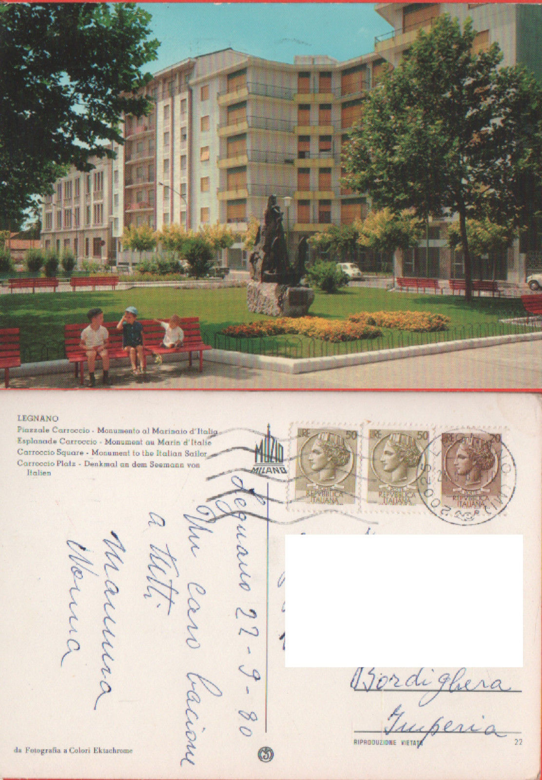 Legnano. Piazzale Caroccio. Monumento la Marinaio d'Italia. Viaggiata 1980