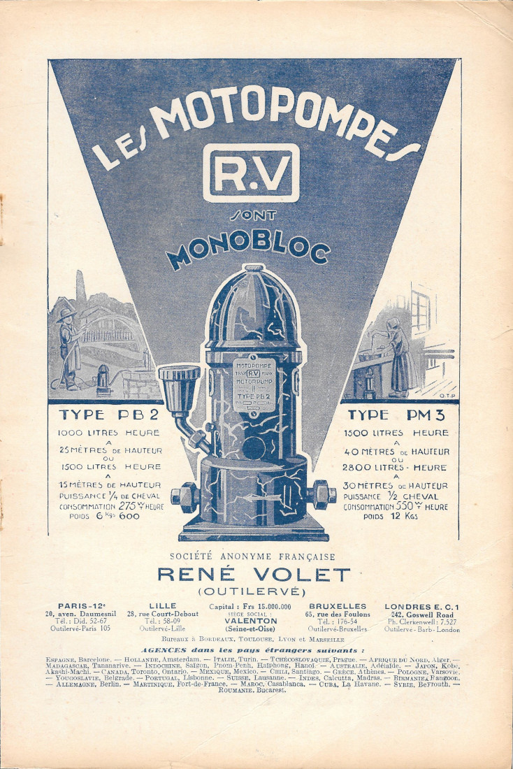 Les Motopompes R.V René Volet - Advertising 1931