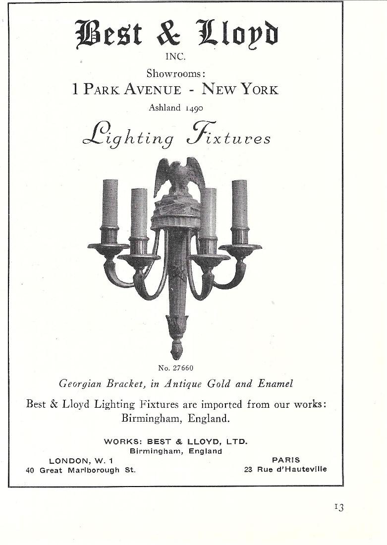 Lighting fixtures. Best &amp; Lloyd. New York. Pubblicita 1930