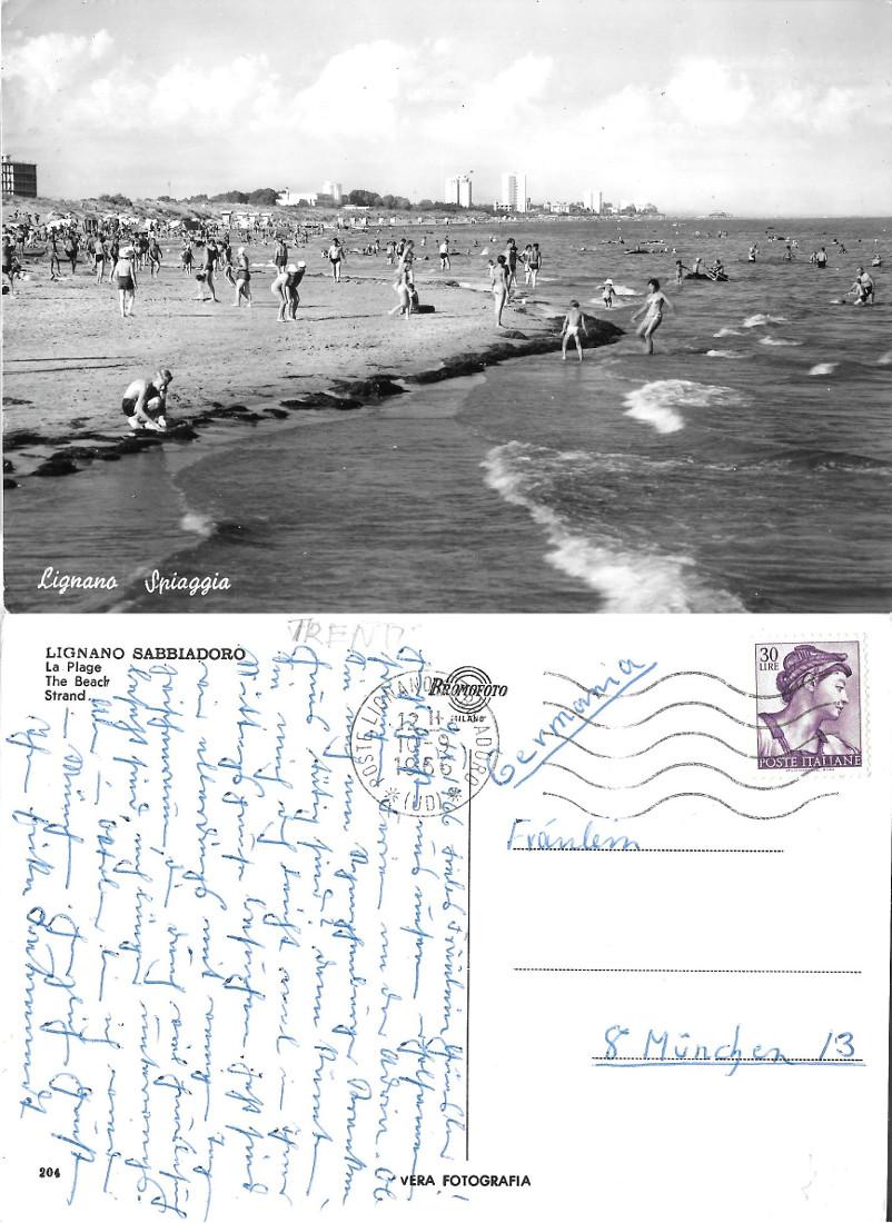 Lignano. Spiaggia. Viaggiata 1966