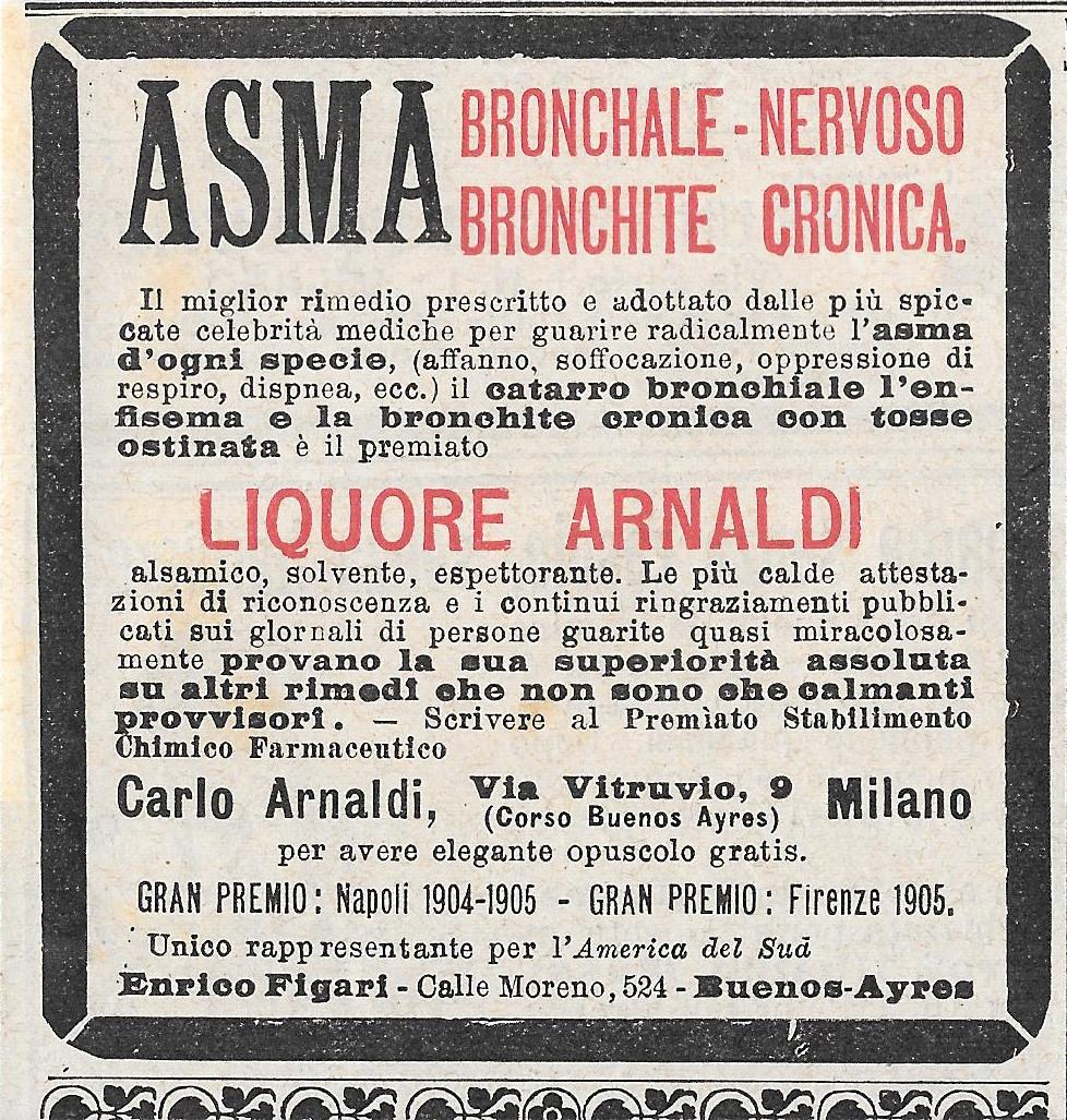 Liquore Arnaldi, bronchiale-nervoso, bronchite cronica. Advertising 1906