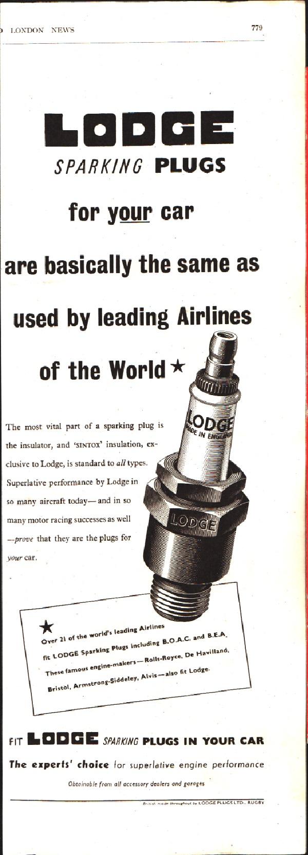Lodge Sparking Plugs. Pubblicita 1951