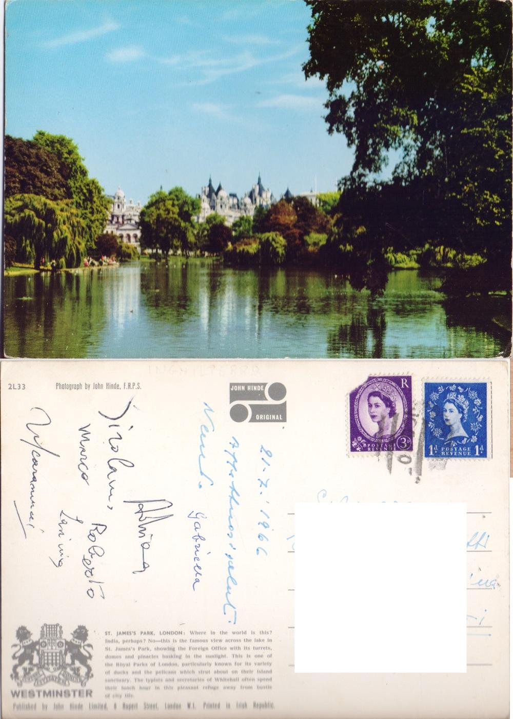 London. St. James Park. Viaggiata 1966