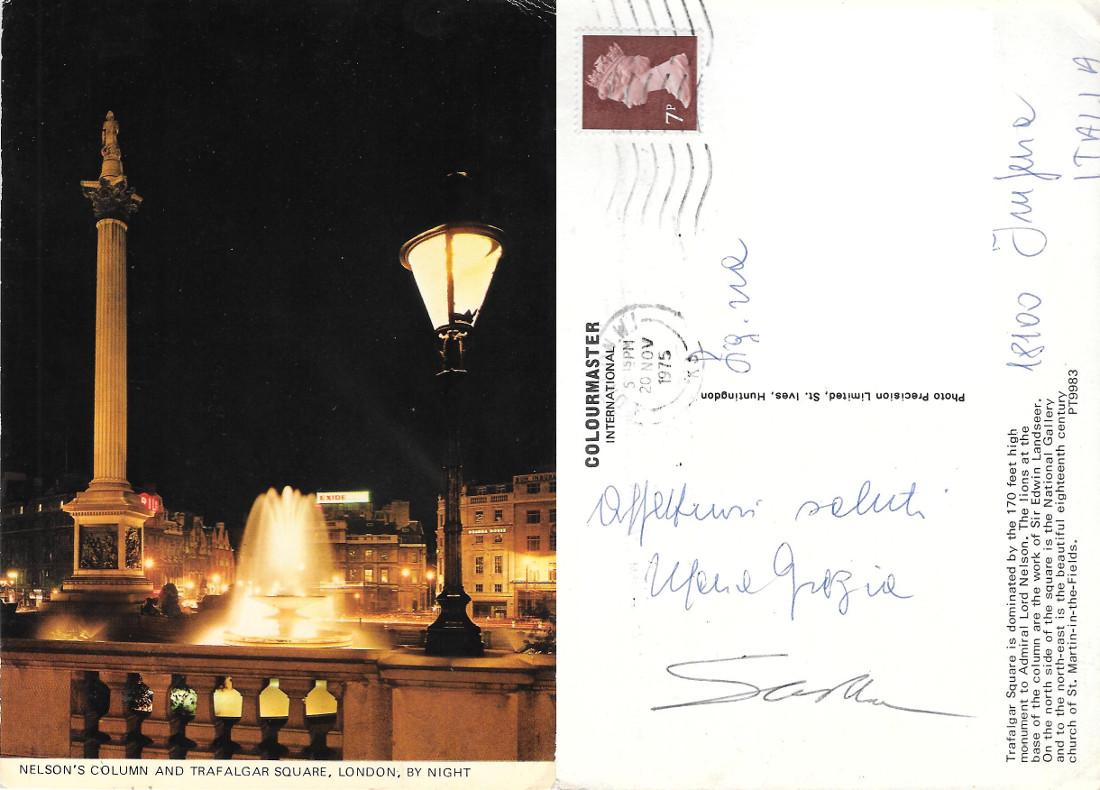 Londra. Colonna Nelson e Trafalgar Square di notte. Viaggiata 1975