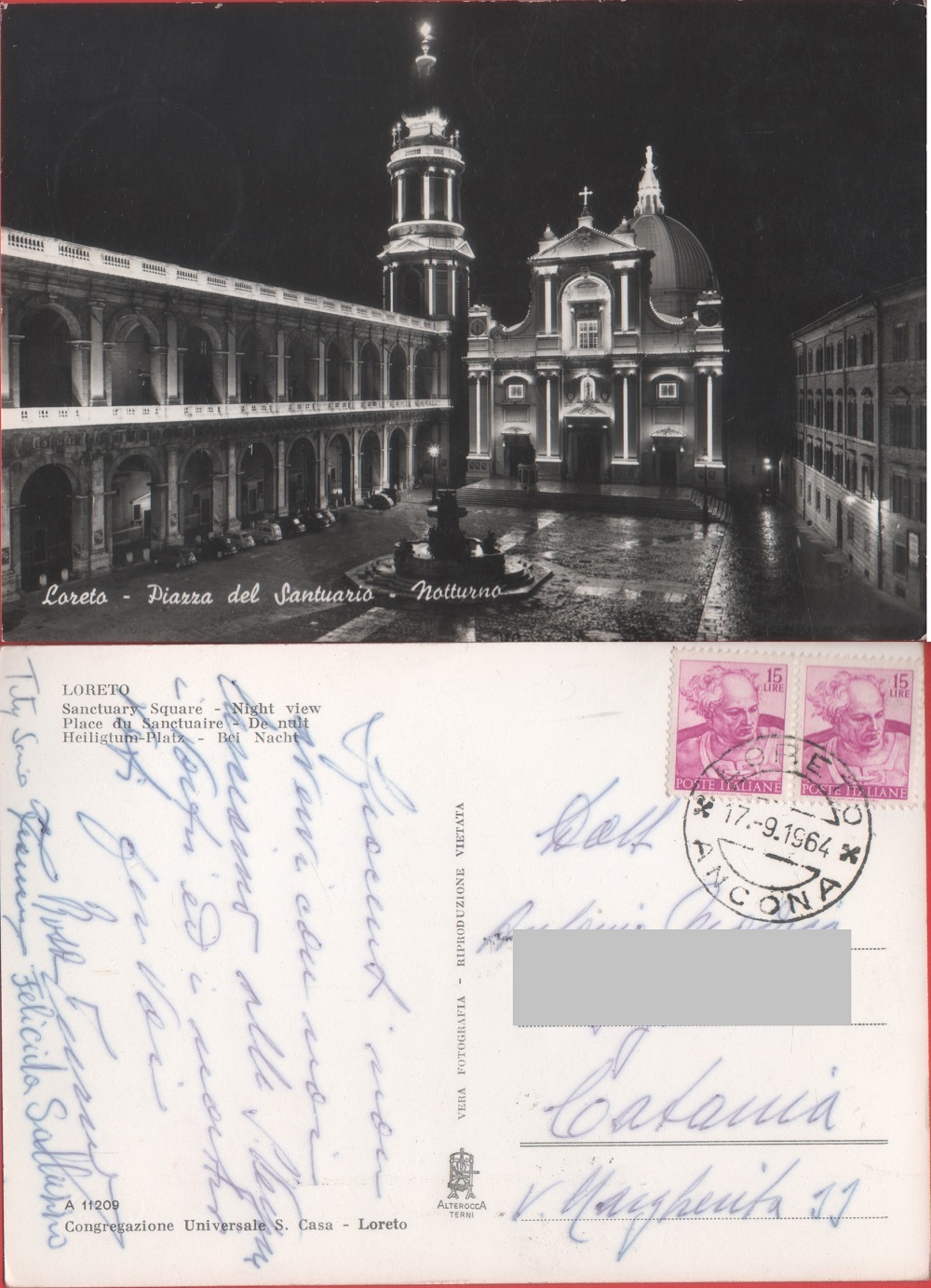 Loreto. Piazza del Santuario. Notturno. Viaggiata 1964