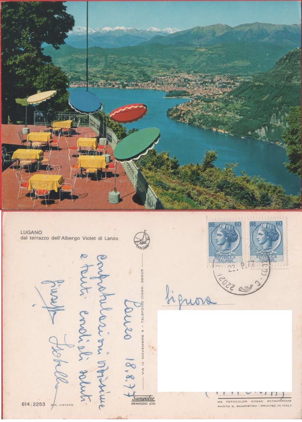 Lugano dal terrazzo dell'Albergo Violet di Lanzo. Viaggiata 1977