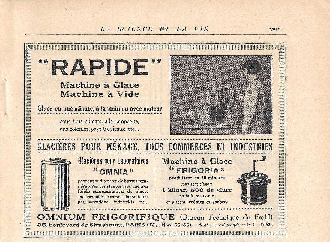 Machine a glace Rapide. Omnium Frigorifique Paris. Pubblicita 1926