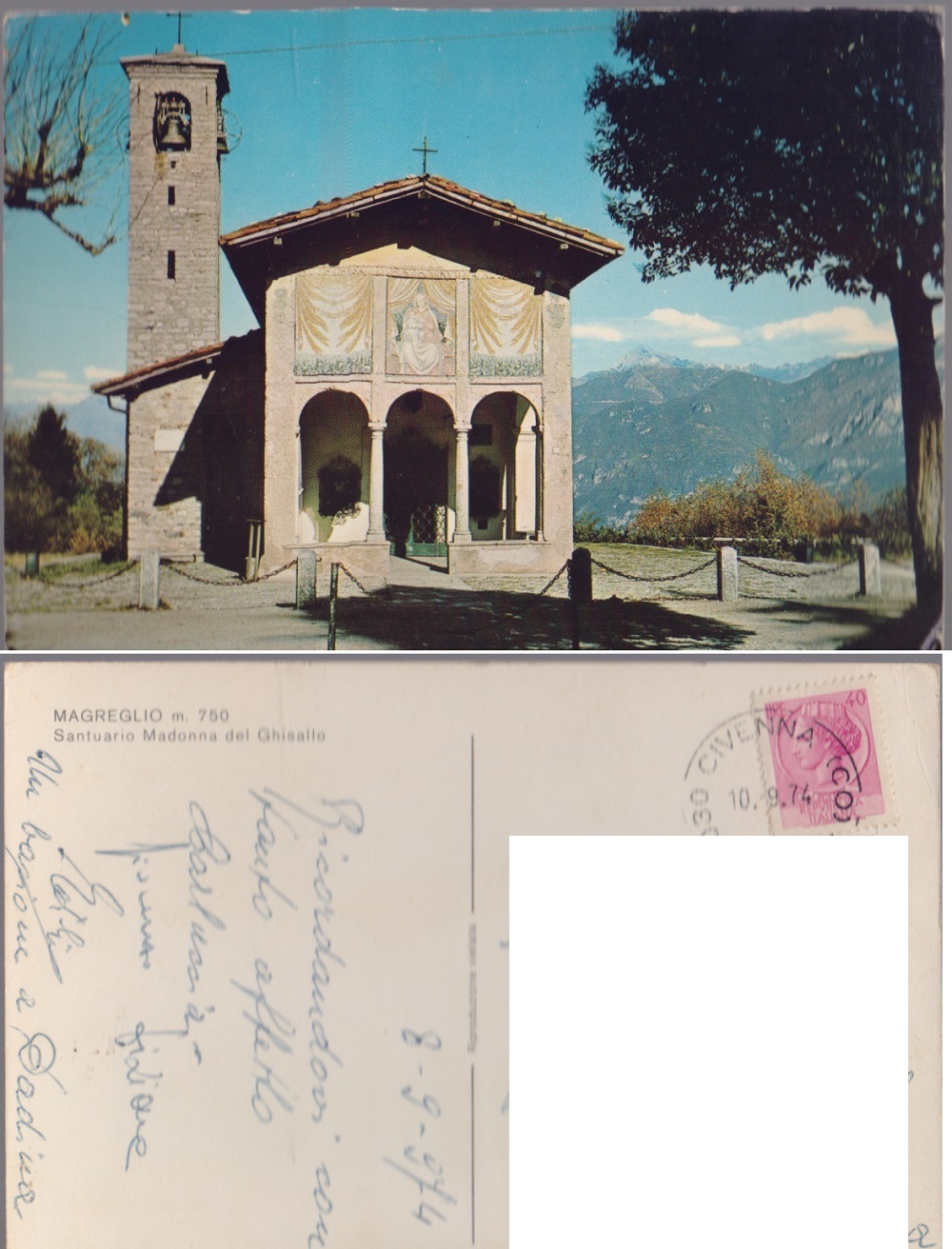 Magreglio (CO). Santuario Madonna del Ghisallo. Viaggiata 1974